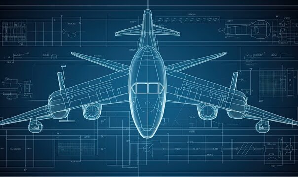In-depth technical illustration of a plane's components depicted in a blueprint. Creating using generative AI tools