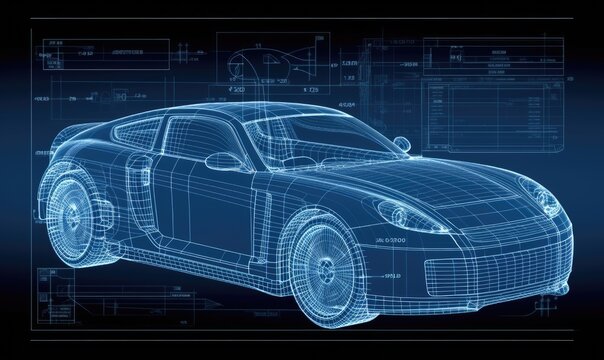 In-depth technical drawing of a car displayed in an informative infographic. Creating using generative AI tools