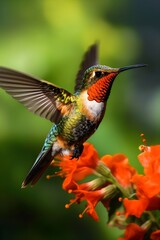 Fototapeta na wymiar a hummingbird flying near a flower