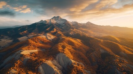 Stunning Aerial View of a vibrant mountain. Golden hour landscape. Generative ai.