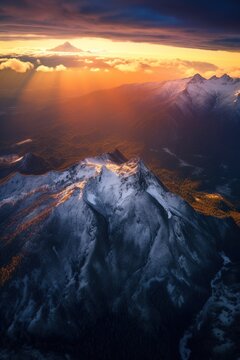 Stunning Aerial View of a vibrant mountain. Golden hour landscape. Generative ai.