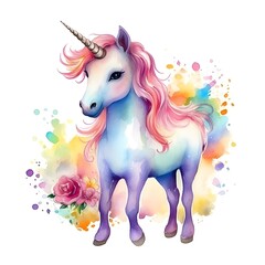 Naklejka na ściany i meble a watercolor unicorn with a horn and flowers