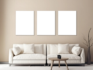 3 blank vertical decorative art transparent frames mock-up in Scandinavian style living room interior, modern living room interior background, beige sofa.