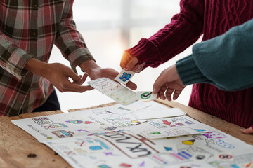 Fototapeta premium Close up ux developer and ui designer brainstorming interface wireframe design.Creative digital development agency
