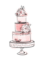 Wedding tiered cake on a stand decorated with flowers, peonies and roses. Vintage sketch illustration for birthday, invitation, candy store. Modern vector illustration isolated on white background.