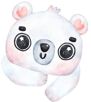 Whimsical Polar Bear innocence face cartoon Playful winter animal Watercolor Children Illustration
