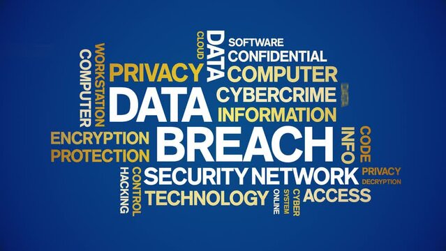 Data Breach animated tag word cloud;text design animation kinetic typography seamless loop.