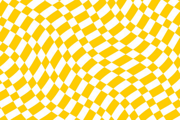 Yellow and white checkered flag texture background vector. Wavy tartan plaid fabric pattern. Abstract geometric shapes. Wave stripes ethnic pattern.