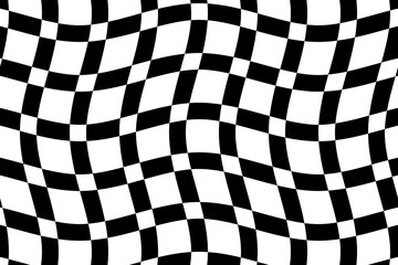 Black and white checkered flag texture background vector. Wavy tartan plaid fabric pattern. Abstract geometric shapes. Wave stripes ethnic pattern.