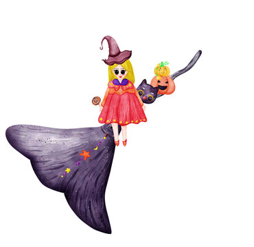 Water color Halloween cute cartoon witch girl, cat, haunted house, tree with hand drawing. happy Halloween set for card, background, planner, fabric, pattern, wedding card and for decoration. 
