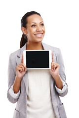 Thinking, tablet or happy woman with screen mock up space isolated on transparent png background. Smile, wonder or girl with digital technology for logo advertising, marketing or branding online