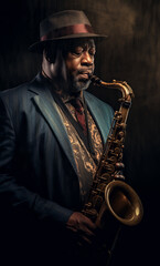 Portrait of elderly black saxophonist in suit and hat