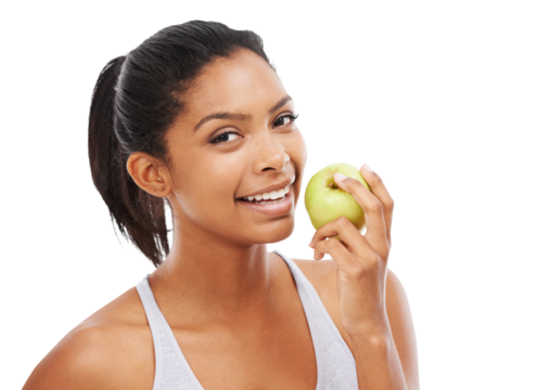 Isolated woman, apple and smile in portrait for nutrition, self care or hungry by transparent png background. Girl, model and happy with healthy fruit, natural diet or choice for vegan to lose weight