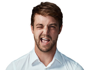 Wink, funny and face of man carefree and positive feeling happy isolated in a transparent or png background. Portrait, crazy and young employee or person flirting with happiness, comedy and cheerful