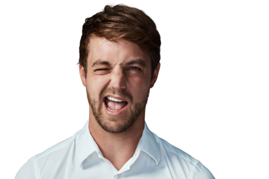 Wink, funny and face of man carefree and positive feeling happy isolated in a transparent or png background. Portrait, crazy and young employee or person flirting with happiness, comedy and cheerful - Powered by Adobe