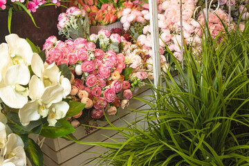 Floristry. Compositions of artificial flowers in a gardening store.