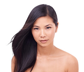 Asian woman, portrait and hair salon or beauty treatment isolated on a transparent PNG background. Face of female person or young model with long hairstyle in relax for cosmetics, product or keratin