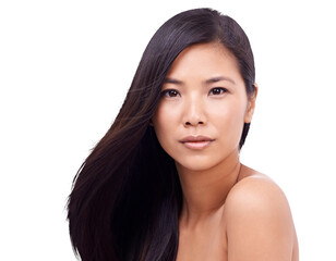 Asian woman, portrait and beauty hair for salon treatment isolated on a transparent PNG background. Face of calm female person or model in relax for haircare, product cosmetics or healthy keratin