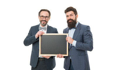 welcome on board. businessmen in suit, copy space. announcement. party invitation. partners celebrate start up business isolated on white. bearded men hold advertisement blackboard. happy businessmen