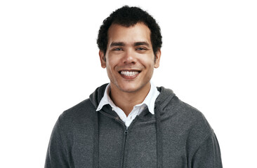 Man, smile and coach in portrait and exercise in africa png or isolated in transparent background with hoodie. Happy face, personal trainer and sports for fitness at the gym for wellness or health.