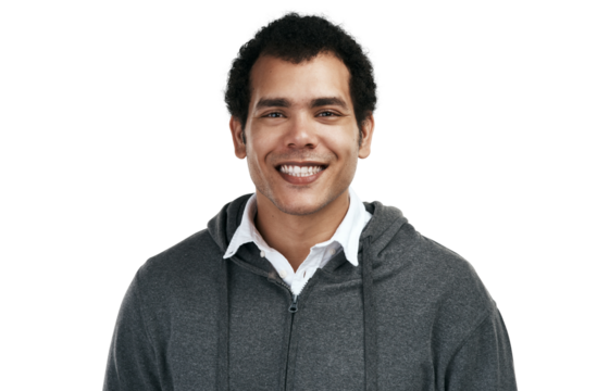 Man, smile and coach in portrait and exercise in africa png or isolated in transparent background with hoodie. Happy face, personal trainer and sports for fitness at the gym for wellness or health.