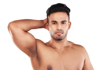 Hygiene, portrait and man with armpit for skincare in png or isolated and transparent background. Arms, muscles and male body with care and cleaning with grooming for wellness and serious face.