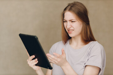 Portrait of young student actress learning role woman with digital tablet. Acting test casting film movie acting auditions.