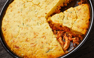 Chicken Tamale Pie in baking dish, top view