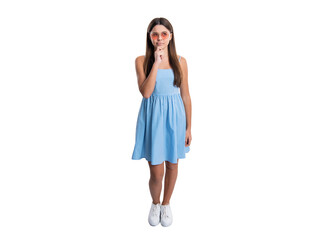 pondering teen girl in summer dress isolated on white. teen girl in summer dress at studio. teen girl in summer dress on background. teen girl in summer dress.