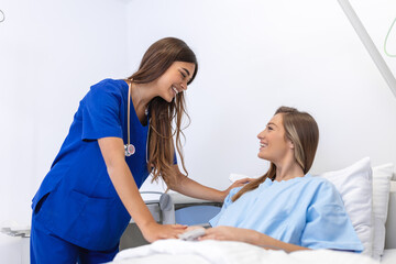 Woman doctor service help support discussing and consulting talk to patient and holding hands at...
