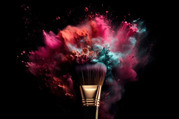 Makeup brush with colorful powder explosion or eyeshadow isolated in dark background. generative AI