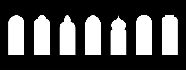 Islamic window shapes. Different white frames on black background.