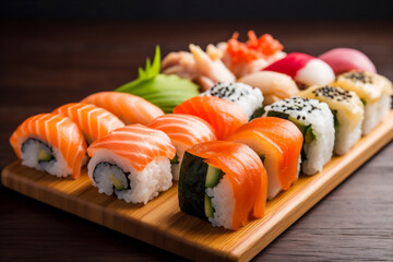 meal roll food japanese set sushi rice seafood fish japan. Generative AI.