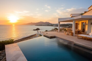 Fototapeta premium Stunning beach house offering panoramic sea views, swimming pool, terrace, unforgettable vacation. Generative AI