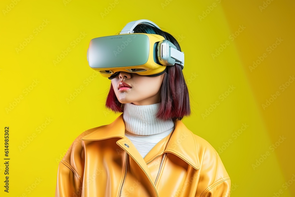 Wall mural beautiful asian woman wearing virtual reality goggles.generative ai