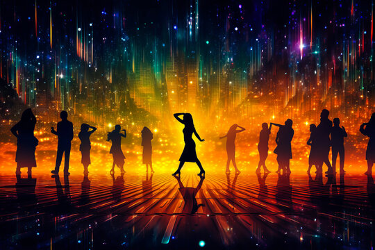 Vibrant disco dance floor image with lively dancer silhouette evokes excitement & emotion, perfect for a captivating nightlife scene. Draw viewers in with this dynamic picture. Generative AI