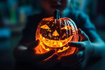 Captivating image of innocent child's hands holding a devilish orange Jack-o'-lantern for Halloween, evoking strong emotions and setting a unique holiday mood. Generative AI