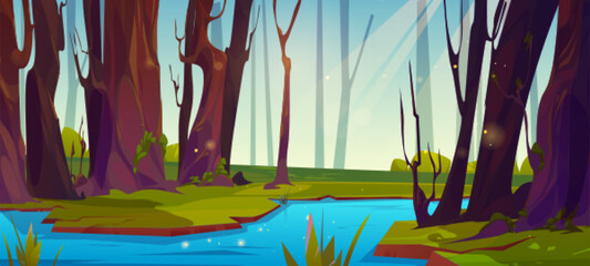 River flowing in summer forest. Vector cartoon illustration of sunny spring weather, green landscape with trees, blue sky with sun beam, stream or brook in valley, beautiful nature scene