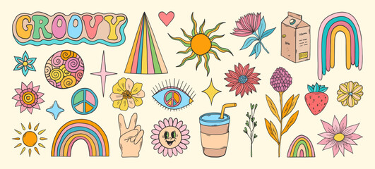 Groovy vector set. Hippie elements. 70s groovy hippie clipart. Retro groovy stickers. Psychedelic funky 60s 70s doodles. Retro cartoon sun, flowers, coffee.