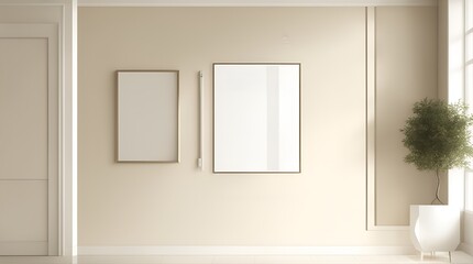 empty white and beige room interior design with wall frame mockup