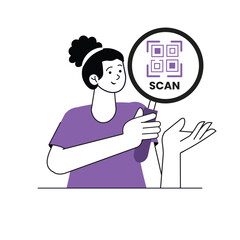 women vector character illustration with magnify glass and QR code scan