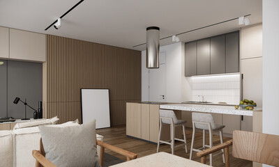 interior design of white kitchen, dining room with living room in one space. 3d rendering