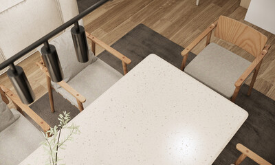 Top view of dining table; Modern room interior in white color. 3d rendering