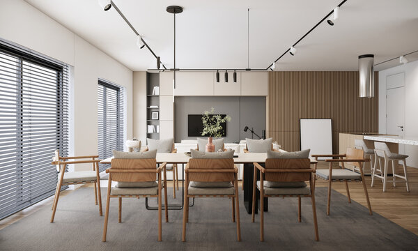 3d rendering  of dining room ideas, new modern scandinavian apartment interior design.