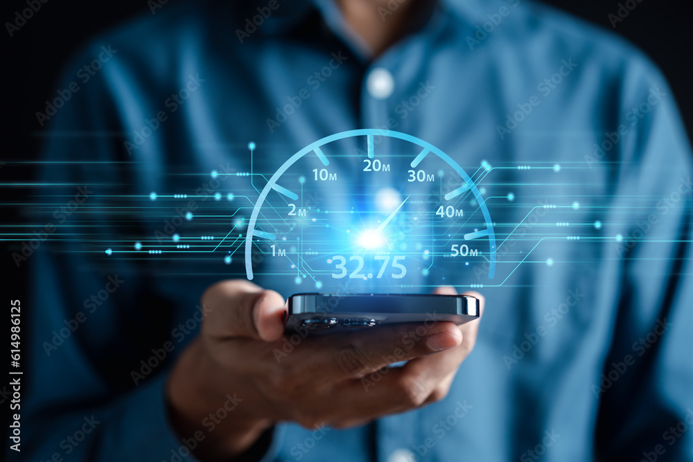 Poster Super Fast internet connection speedtest bandwidth network technology, Man using Internet high speed by smartphone and laptop computer, 5G quality, speed optimization.