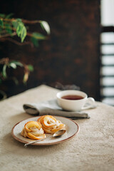 Tasty food sweet bakery pastry puff homemade cooking with cup of tea