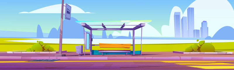Bus stop station on city road background near sign. Public transport construction on street with bench and glass. Transportation highway near park crosswalk and cityscape view cartoon summer concept.