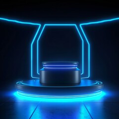 futuristic podium with neon blue lighting for product presentation