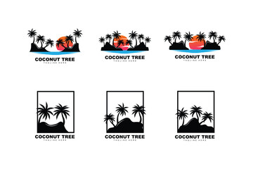 Fototapeta premium Coconut Tree Logo, Palm Tree Sunset Beach Vector, Elegant Minimalist Simple Design, Symbol Template Icon