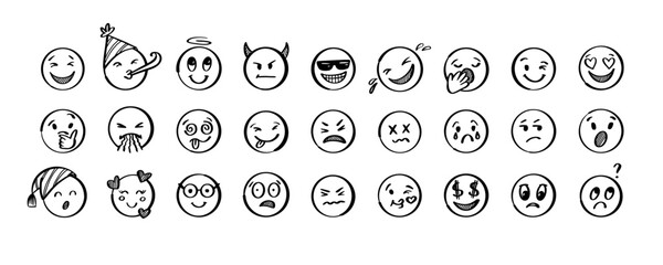 Doodle emoji set. Hand drawn sketch vector illustration. Pack of different expressions emoticons